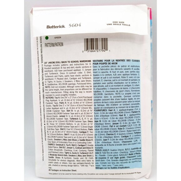 Butterick Pattern 5604 Back to School Wardrobe for 18 Inch Doll Clothing Uncut - Picture 2 of 2